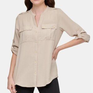 CALVIN KLEIN Beige Textured Split-Neck Long Sleeve Roll-Tab Blouse L TOP shirt